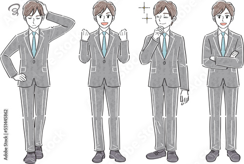 ビジネススーツの男性　表情ポーズの全身イラストセット（悩む　ガッツポーズ　憧れ　笑顔）