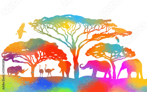 African colorful animals. African landscape. Vector illustration