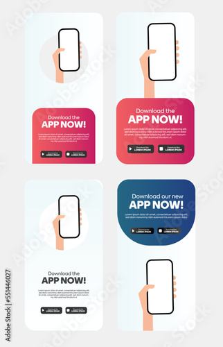 Download the app now. Download app now Stories template on a gradient color background with app stores icons. Hand holding smartphone for app advertisement. Smartphone in hand. 