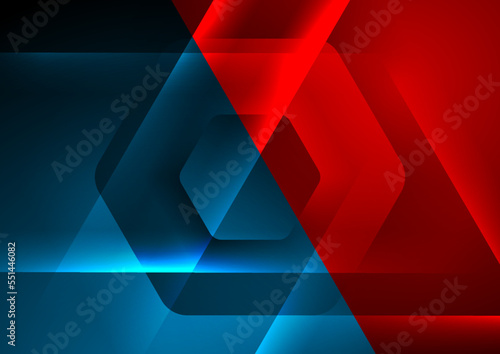 Hi-tech blue red abstract futuristic background with glowing lines and hexagons. Vector design