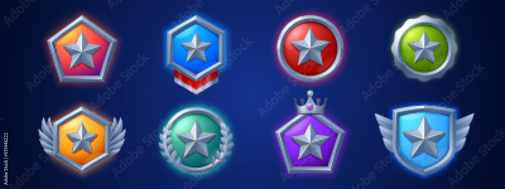 Game level icons, silver medals, stars, ui badges with wings, laurel and crown. Isolated award trophy for user experience and ranking. Bonus, reward, achievement and prize vector illustration, set Game level icons, silver medals, stars, ui badges with wings, laurel and crown. Isolated award trophy for user experience and ranking. Bonus, reward, achievement and prize vector illustration, set