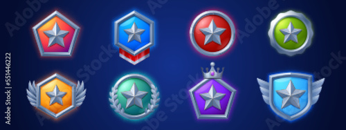 Fototapeta Naklejka Na Ścianę i Meble -  Game level icons, silver medals, stars, ui badges with wings, laurel and crown. Isolated award trophy for user experience and ranking. Bonus, reward, achievement and prize vector illustration, set