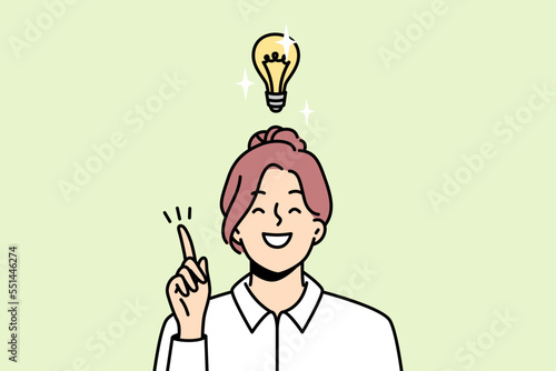 Shining light bulb over head of smiling girl. Woman with index finger up found solution to problem, startup concept. Businesswoman came up with brilliant idea, innovation. Vector graphics in color.