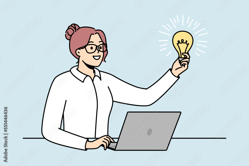 Businesswoman in glasses holds lit light bulb in front of her as symbol of inspiring idea, motivation, source of energy. Talented girl works at computer. Vector minimalistic design isolated on blue. Businesswoman in glasses holds lit light bulb in front of her as symbol of inspiring idea, motivation, source of energy. Talented girl works at computer. Vector minimalistic design isolated on blue.