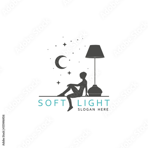 Floor lamp logo. Template of electric torchere for interior design, energy furniture business branding. Home equipment in modern style. Young woman relaxing near torchere. Crescent moon and stars