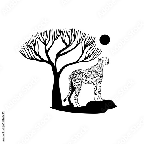 African Acacia Tree with Tiger Jaguar Leopard Cheetah Puma Panther Silhouette for Safari Adventure . Logo cheetah and tree silhouette. Vector illustration