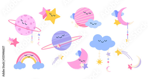 Baby room, nursery decoration with cute moon, rainbow, clouds, planets and stars. Pastel clipart in boho style for kids room with moon and stars characters, vector cartoon set