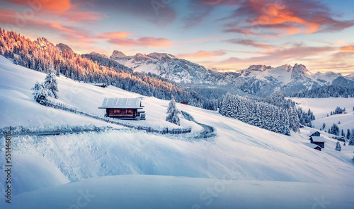 Obraz na płótnie Astonishing morning view of Alpe di Siusi village. Unbelievable winter scene of Dolomite Alps. Amazing landscape of ski resort, Ityaly, Europe. Beauty of nature concept background. w salonie