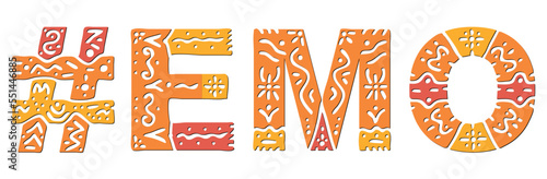 EMO Hashtag. Isolated text with national ethnic ornament. Patterned Popular Hashtag #EMO for social network, web resources, mobile app, games, clothing, t-shirt, banner, adv. Stock vector image