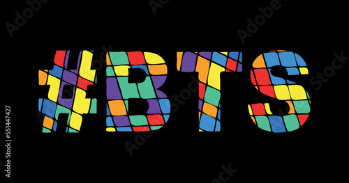 BTS Hashtag. Tricolor isolated letters from contrast flowing fluid shapes. Rainbow colored popular Hashtag #BTS for social networks, web resources, mobile applications, games, t-shirts. Stock vector p