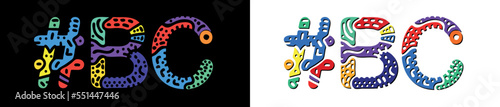 BC Hashtag. Multicolored bright isolate curves doodle letters. Hashtag #BC is abbreviation for the Canadian British Columbia. Set for social network, web resources, mobile apps.