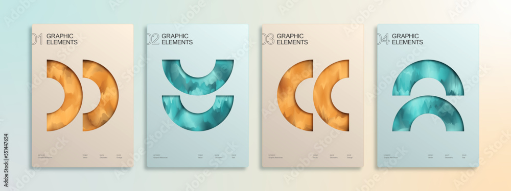 Geometric Shape Cover Set With Orange And Teal Colors Painting Texture