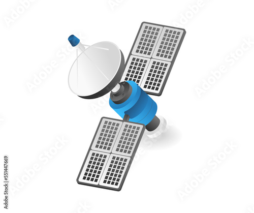 Flat isometric illustration of space satellite dish transmitter concept
