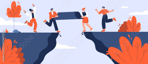 Business team build bridge over gap together. Concept of teamwork, cooperation, corporate communication, partnership with people carry piece of cliff to build bridge, vector flat illustration