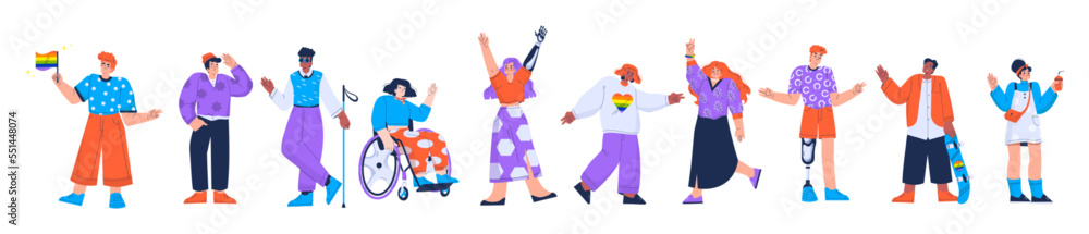 Diverse people with disabilities, lgbt persons, multiracial group. Girl in wheelchair, man with prosthesis, blind man, people with rainbow flag isolated on white background, vector flat illustration Diverse people with disabilities, lgbt persons, multiracial group. Girl in wheelchair, man with prosthesis, blind man, people with rainbow flag isolated on white background, vector flat illustration