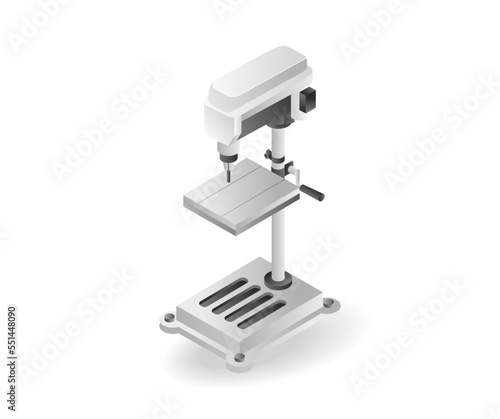 Flat 3d isometric illustration concept of wood and metal drilling machine