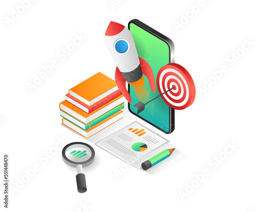 Flat 3d isometric illustration concept of educational online technology target