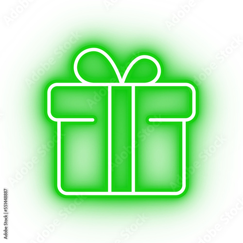 Neon green gift box icon, present on transparent background