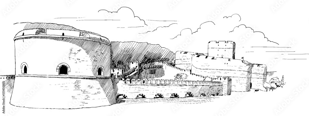 A beautiful angle hand drawn illustration of Kilitbahir castle in Eceabat, Çanakkale. Charcoal drawing technique or engraving. A beautiful angle hand drawn illustration of Kilitbahir castle in Eceabat, Çanakkale. Charcoal drawing technique or engraving.