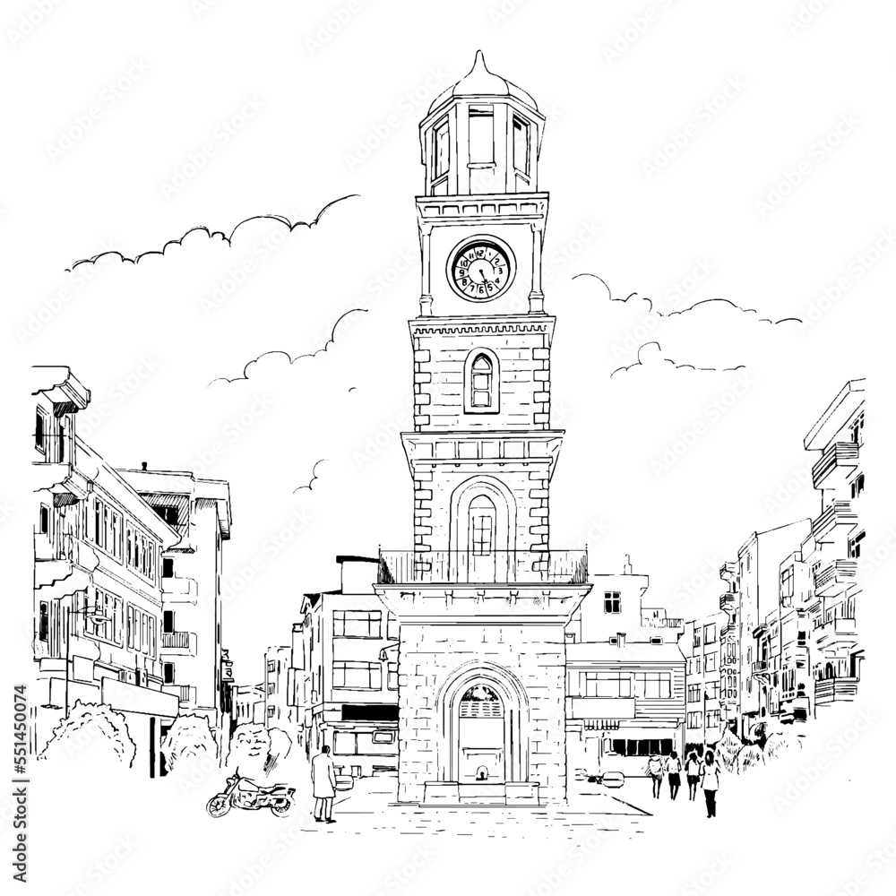Obraz premium A hand-drawn illustration of the historical clock tower located in the city center of Çanakkale. Charcoal drawing technique or engraving.