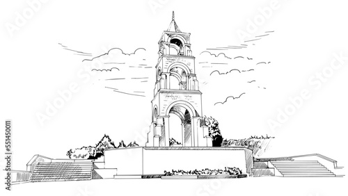 A hand drawn illustration of the martyrdom monument of the 57th regiment, which was martyred in Çanakkale in the 1st world war, from a different angle. Charcoal drawing technique or engraving. photo