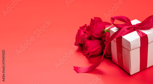 Valentines day card with gift box and rose flowers © karandaev