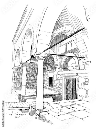 Hand drawn illustration from a different perspective of the entrance of the 1st Murat Hüdavendigar mosque in the village of Assos behramkale, Çanakkale. Charcoal drawing technique or engraving.