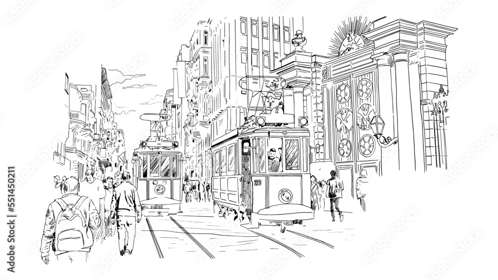 A hand drawn illustration of Istanbul Taksim Istiklal street with trams from a different perspective. Charcoal drawing technique or engraving.