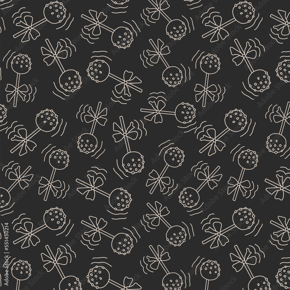 doodle pattern, background with cake pops for a cafe, cafeteria, children's holiday on a dark background with light lines doodle pattern, background with cake pops for a cafe, cafeteria, children's holiday on a dark background with light lines