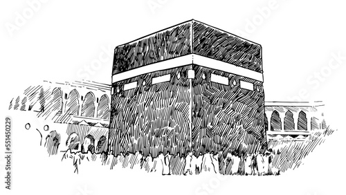 A hand drawn illustration depicting Muslims worshiping around the Kaaba in Saudi Arabia. Charcoal drawing technique or engraving.