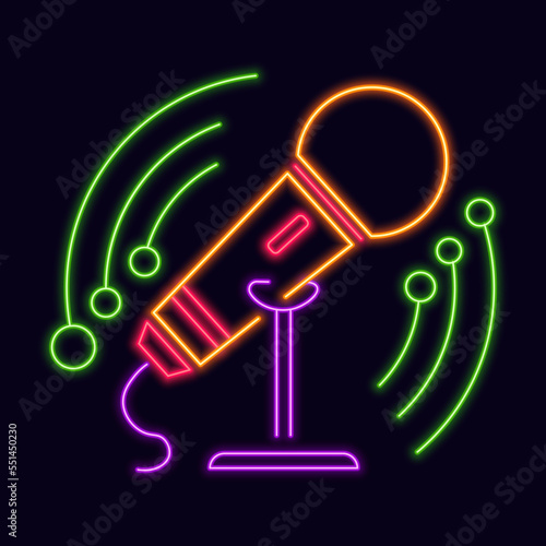 Neon sign of karaoke club, glowing microphone