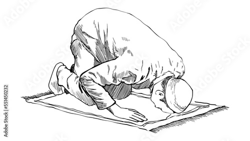 Hand drawn illustration of a muslim praying in prostration. A Muslim man standing in prostration with a cap on his head. Charcoal drawing technique or engraving.