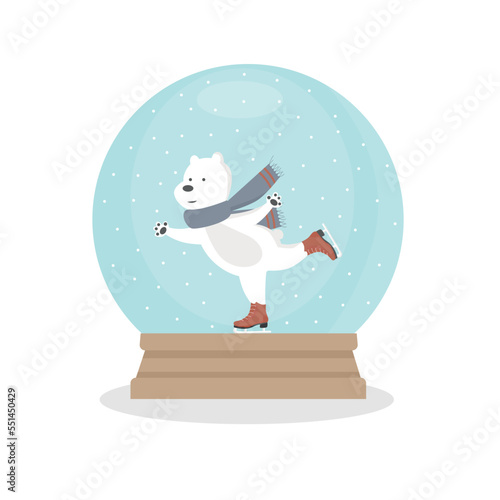 Snowglobe white bear ice skating snow ball crystal isolated on white