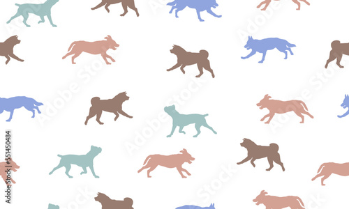 Dogs different colors isolated on a white background. Seamless pattern. Endless texture. Design for fabric, decor, wallpaper, wrap, surface design.