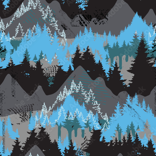 Abstract grunge seamless vector pattern with mountains and forests.  Hand-dra...