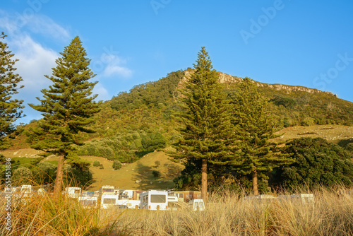 Mount Maunganui and camping ground from beach