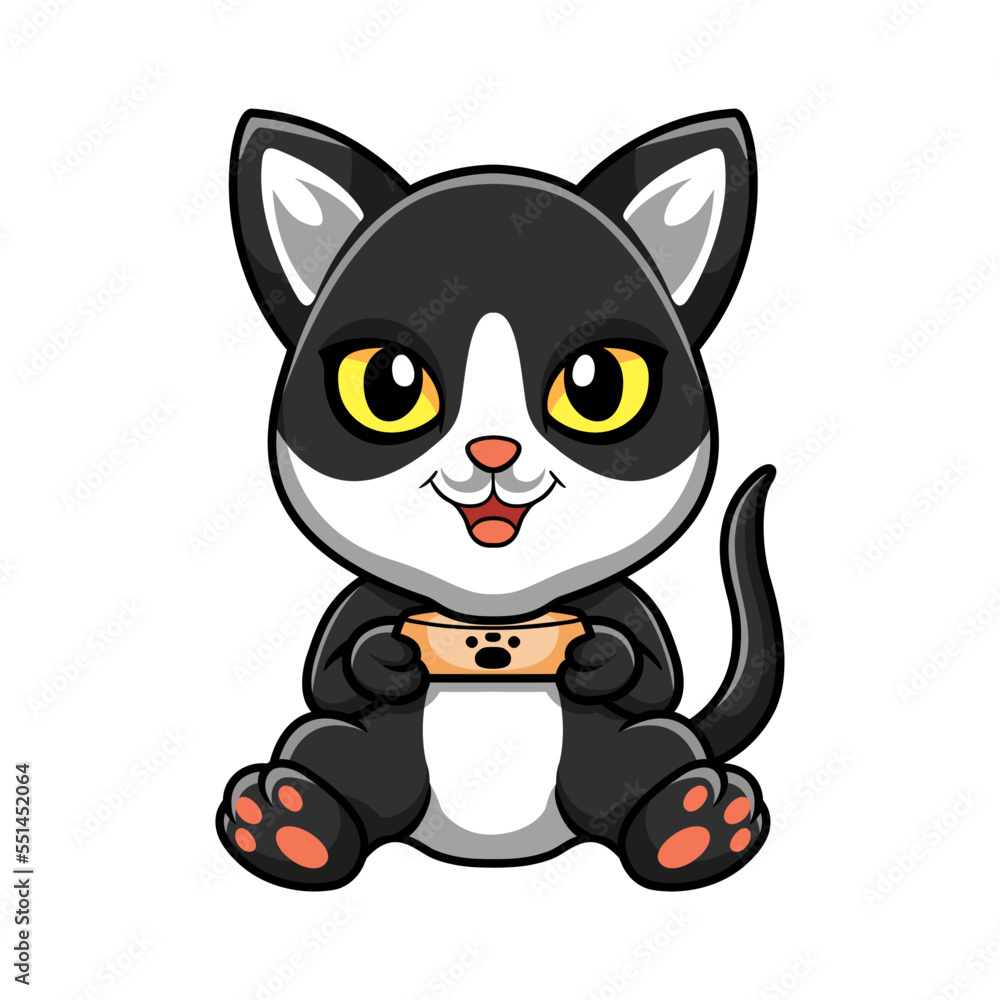Cute black smoke cat cartoon holding food bowl Cute black smoke cat cartoon holding food bowl