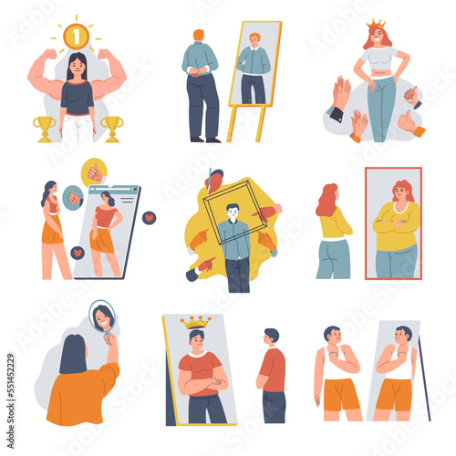 People looking at themselves in mirrors vector