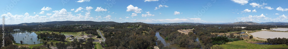 Twin city straddling the Murray River border of the two south-eastern Australian states of New South Wales and Victoria, the 360 degree aerial photography from drone.