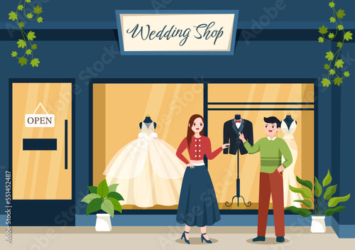Wedding Shop with Jewelry, Beautiful Bride Gowns and Accessories Suitable for Poster in Flat Cartoon Hand Drawn Template Illustration