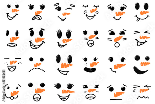 Cute snowman faces - vector collection. Vector Collection of Cute Snowman Faces. Cartoon Funny Doodle Snowman Head Face with Different Emotions Set. Winter Holidays, Christmas and New Year Design.