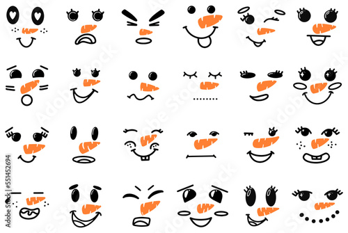 Cute snowman faces - vector collection. Vector Collection of Cute Snowman Faces. Cartoon Funny Doodle Snowman Head Face with Different Emotions Set. Winter Holidays, Christmas and New Year Design.