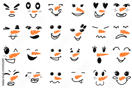 Cute snowman faces - vector collection. Vector Collection of Cute Snowman Faces. Cartoon Funny Doodle Snowman Head Face with Different Emotions Set. Winter Holidays, Christmas and New Year Design.