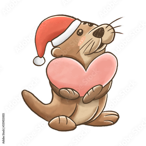 Happy cute otter with santa hat