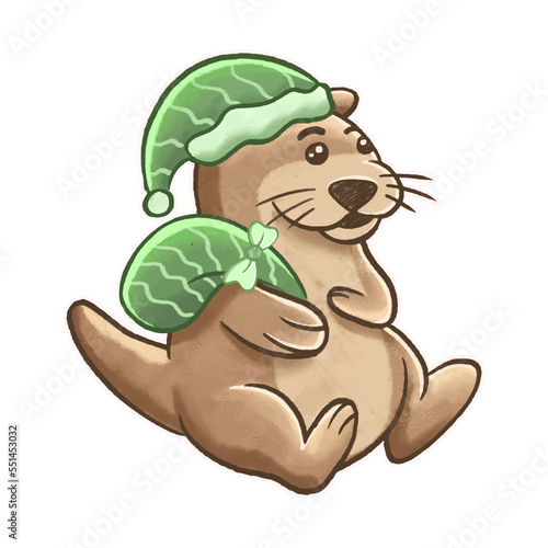 Cute otter wearing santa hat