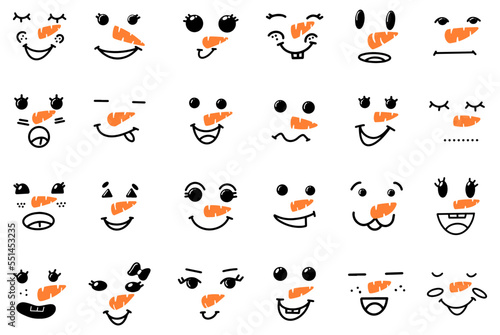 Cute snowman faces - vector collection. Vector Collection of Cute Snowman Faces. Cartoon Funny Doodle Snowman Head Face with Different Emotions Set. Winter Holidays, Christmas and New Year Design.