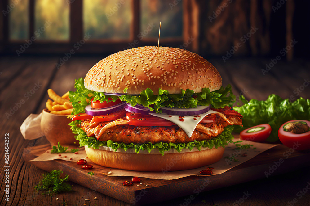 Sandwich chicken hamburger with onions, fries cheese on wooden stand  Stock-Illustration | Adobe Stock