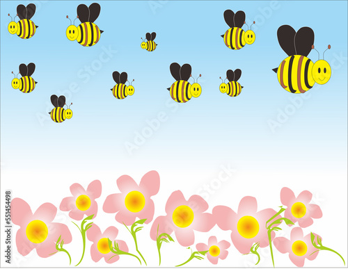 Abstract background design template  with characteristic design of pink  yellow flowers and cute flying bees