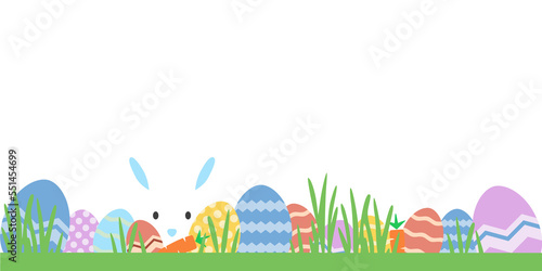Easter illustration with grass, Easter eggs and bunny, graphic in cartoon style