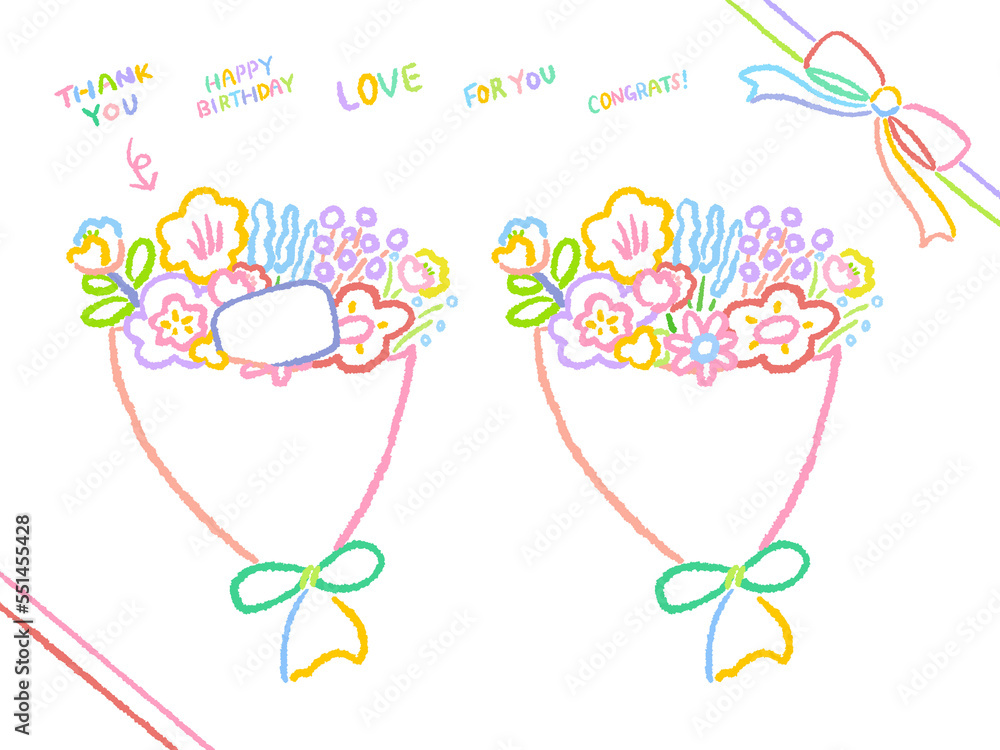 Bouquet and Ribbon Colorful simple and cute hand-drawn line drawing illustration set / 花束とリボン カラフルでシンプルでかわいい手描きの線画イラストセット Bouquet and Ribbon Colorful simple and cute hand-drawn line drawing illustration set / 花束とリボン カラフルでシンプルでかわいい手描きの線画イラストセット